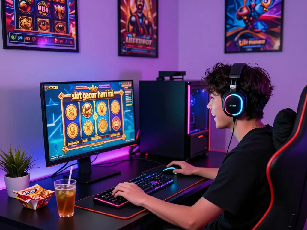 Exciting gaming environment showcasing "slot gacor hari ini" with vibrant visuals and gaming setup.