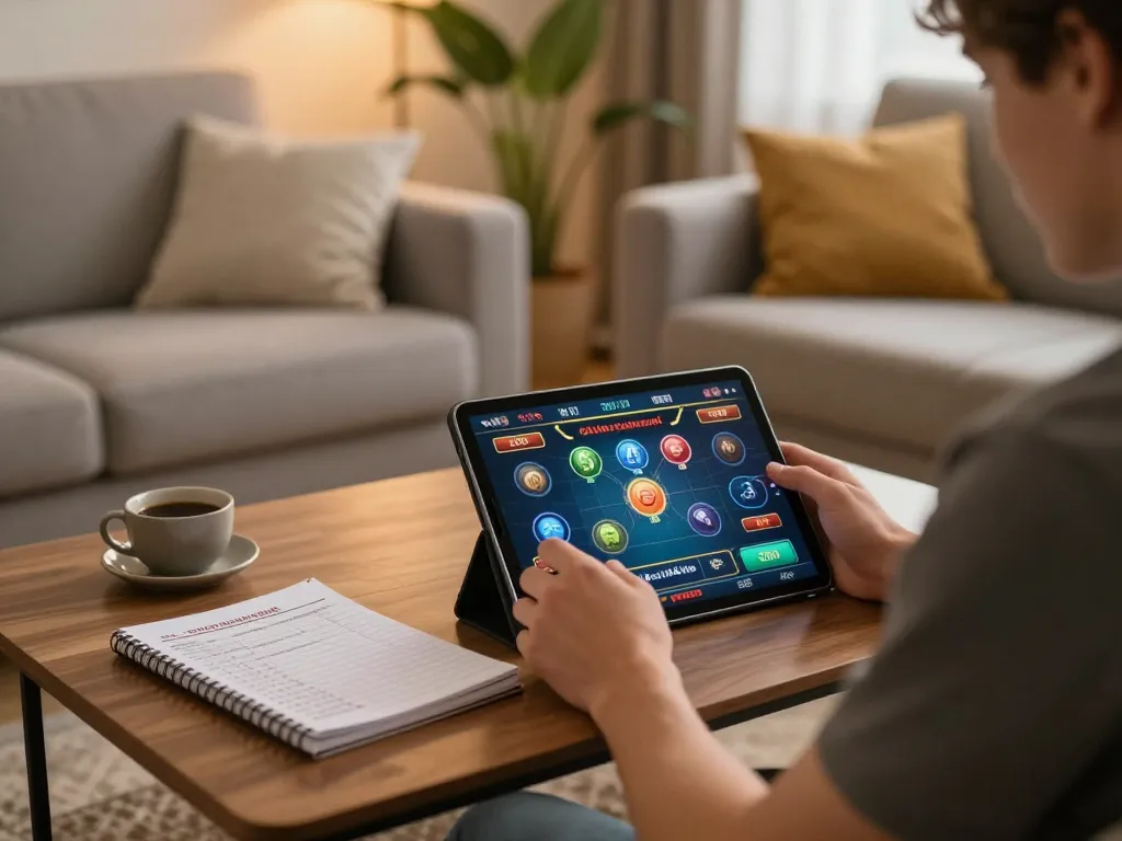 Player engaging with the god55 online casino app on a tablet in a cozy living room.
