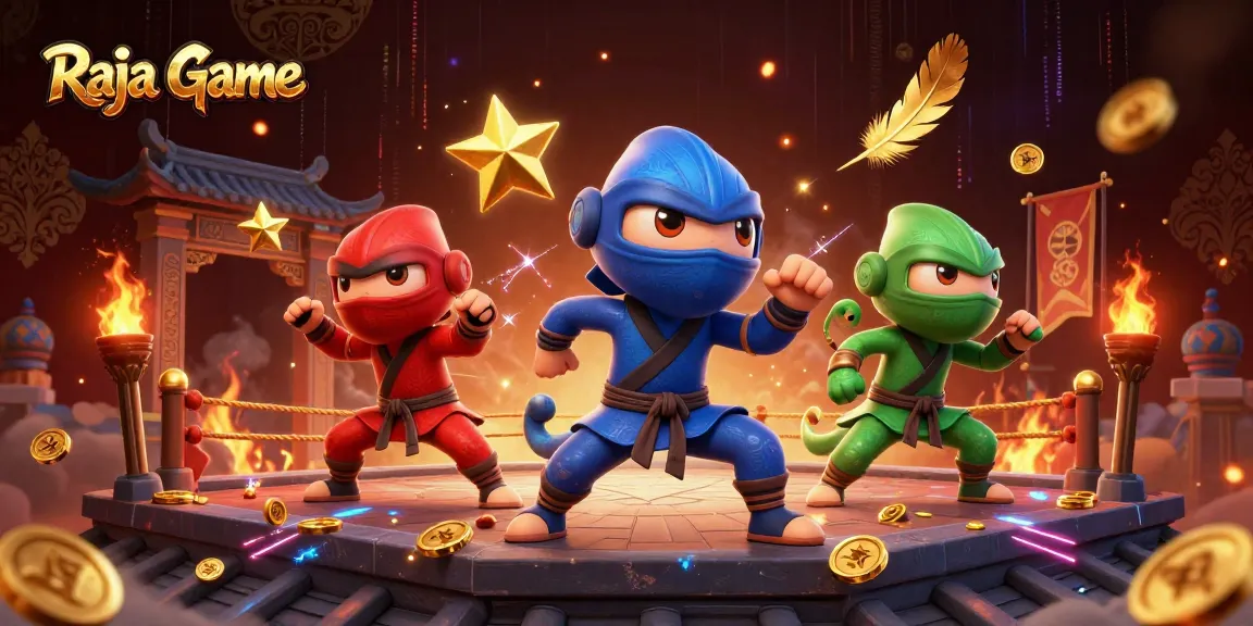 Engage in fun gaming with Raja Game as a team of colorful ninja chameleons showcase their skills amid dynamic casino elements.