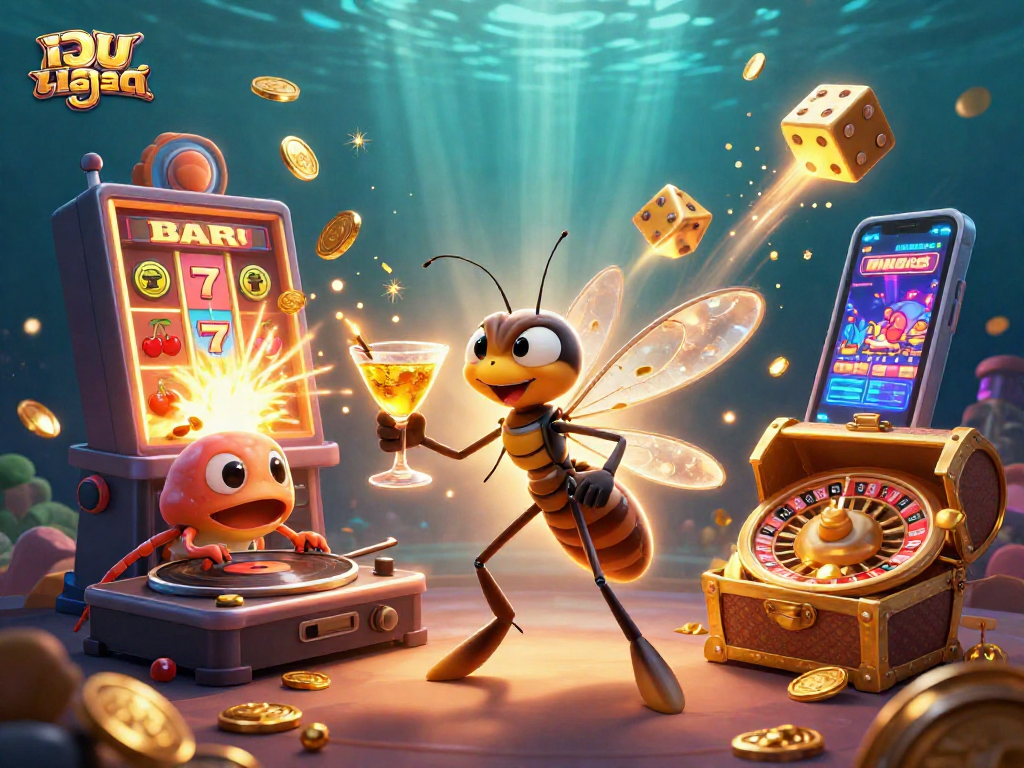 Play fun เว็บสล็อต games with colorful jackpot symbols and vibrant casino elements in a dynamic scene.