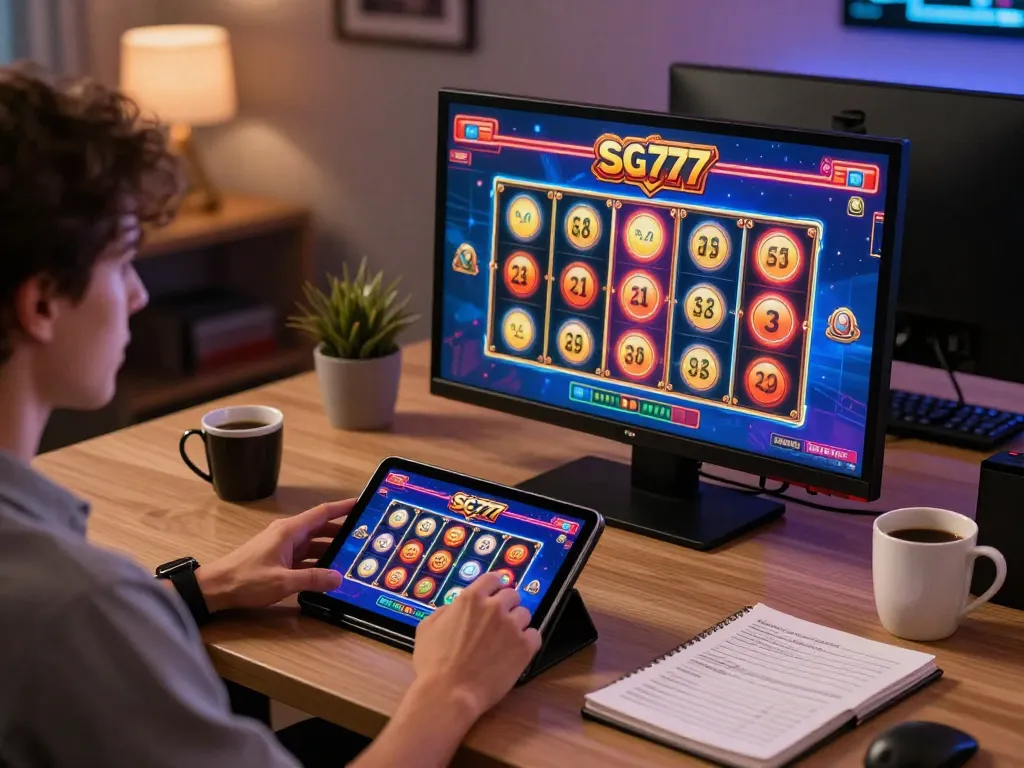 Engaging in SG 777 online gaming with a tablet showcasing vibrant slot games and strategy notes.