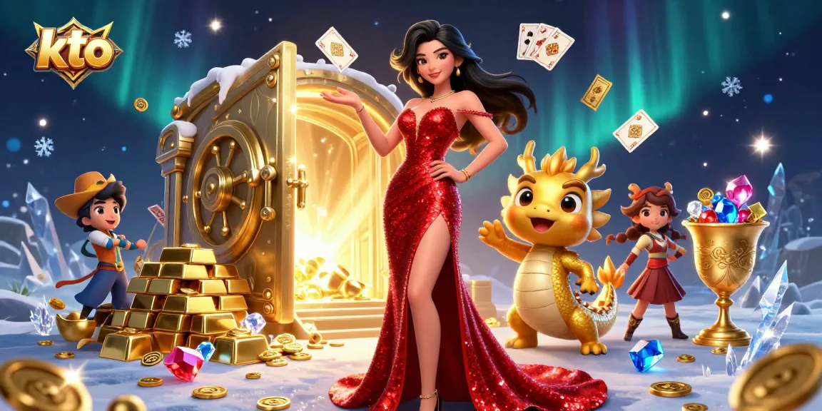 KTO players celebrate big wins in an extravagant casino setting with floating playing cards and gold treasures.