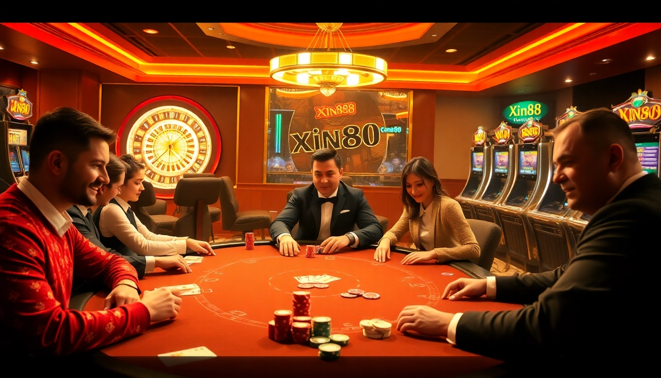 Xin88 players engaging in an exciting poker game at a luxurious casino table filled with chips and cards.