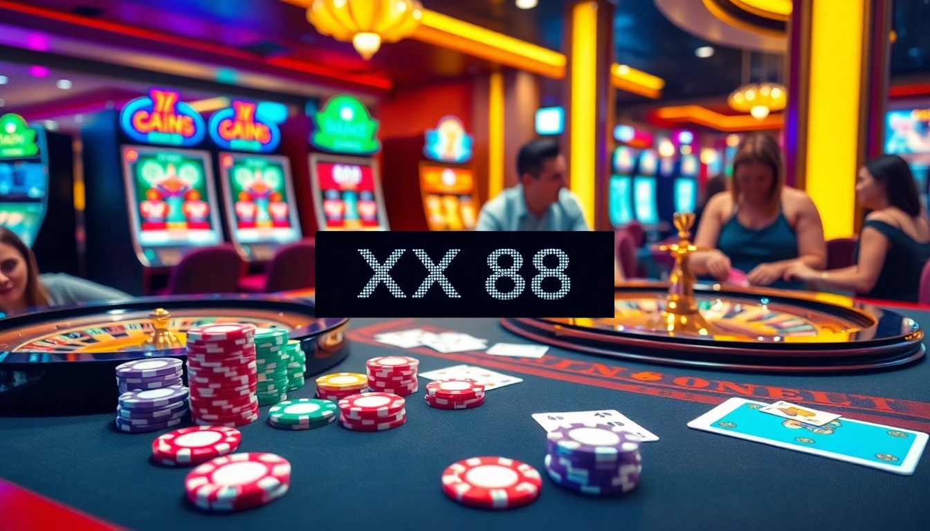 Players enjoy high-stake bets at a thrilling XX 88 casino table featuring vibrant poker chips.