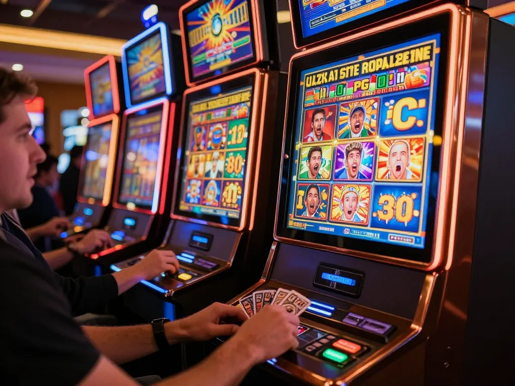 Pemain menikmati mesin slot PG Soft di lingkungan kasino yang meriah, merayakan kemenangan dan permainan yang mendebarkan