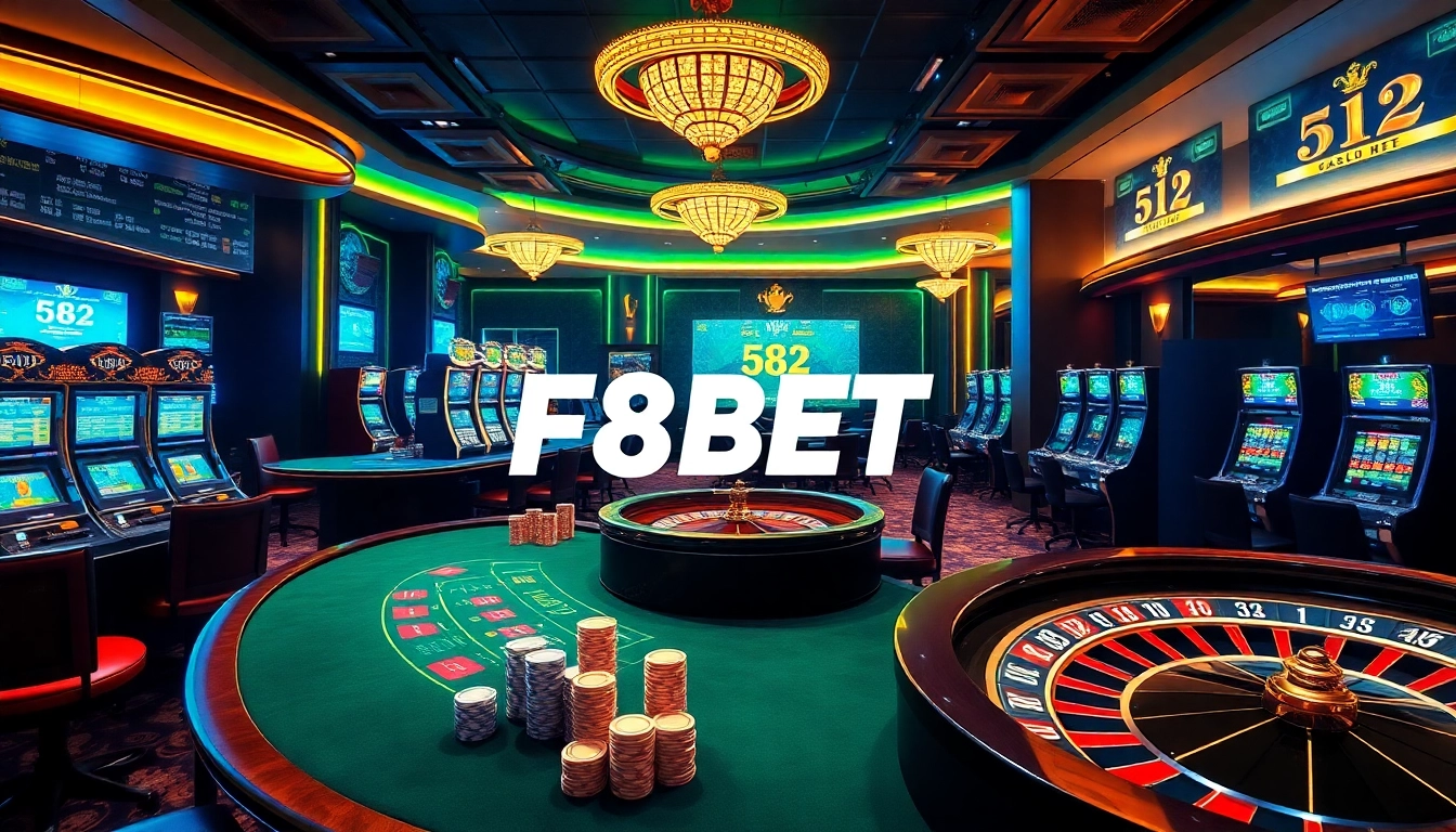 Experience the excitement of F8BET with vibrant casino visuals showcasing elegant tables and thrilling games.