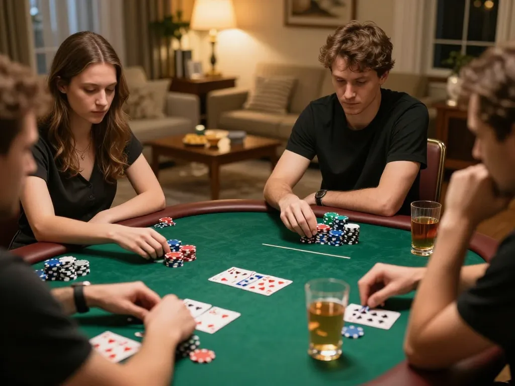 Engaged players at home poker game strategizing their bets with the best nhà cái options