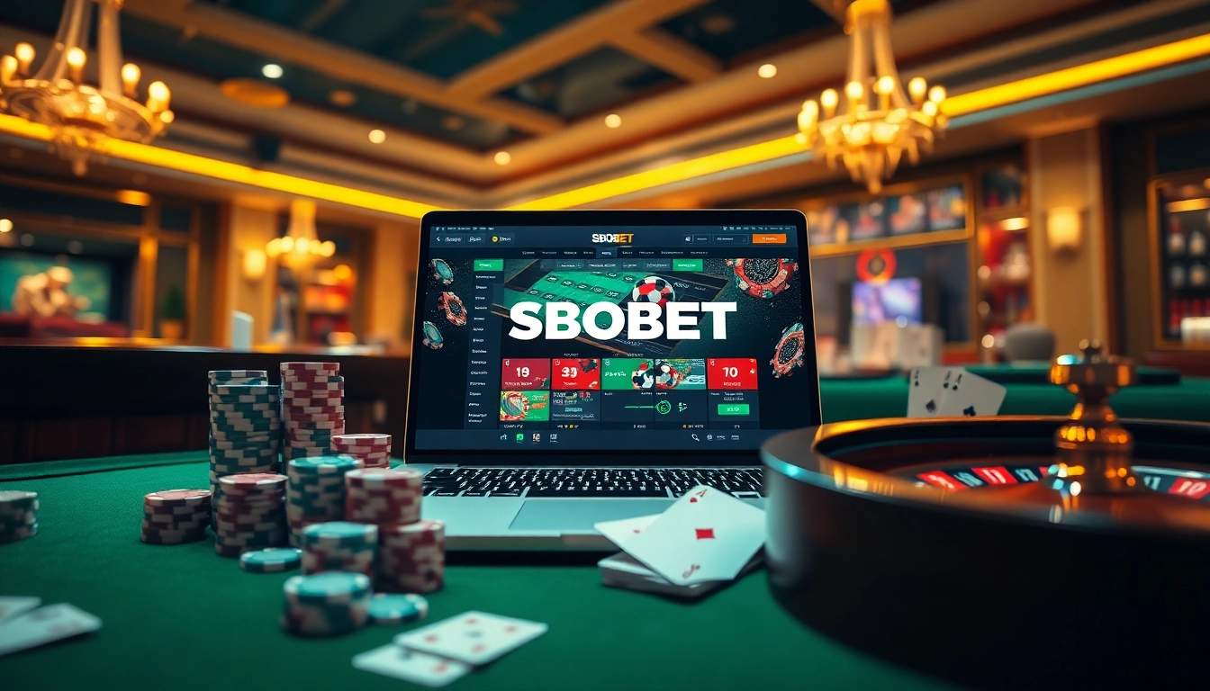 Experience the thrill of sbobet login indonesia in a luxurious casino setting with vibrant gambling elements.
