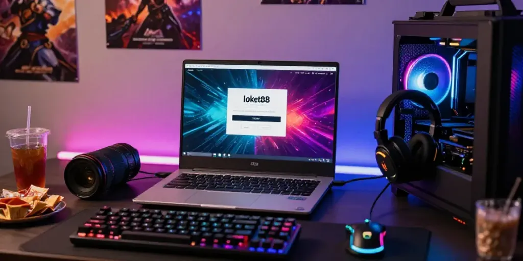 Engaging loket88 login scene showcasing a user at a gaming setup with vibrant visuals and gaming equipment.