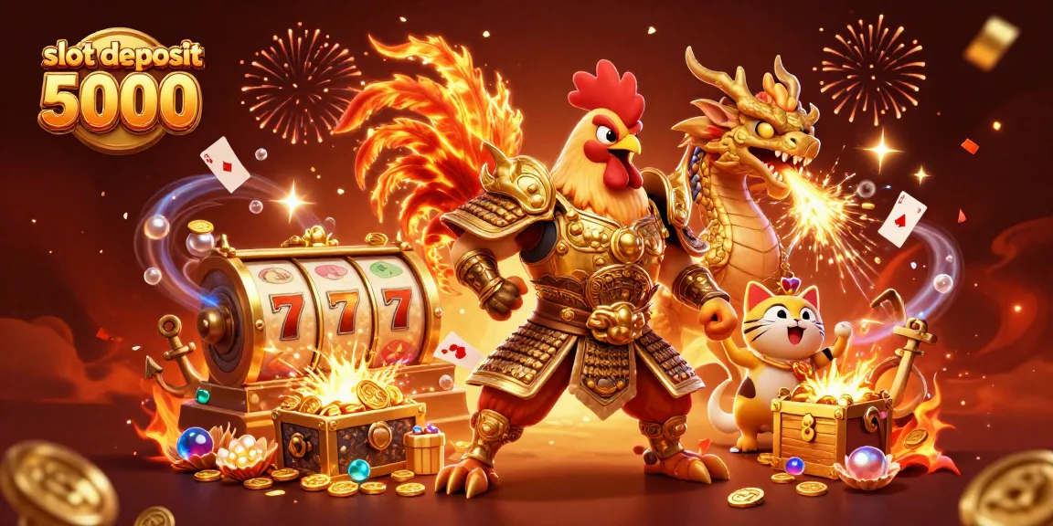 Engage with thrilling action in slot deposit 5000 featuring a rooster warrior and a dragon in a dynamic casino scene.