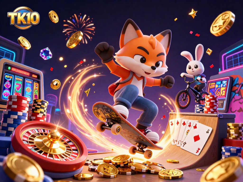 Experience thrilling moments at TK10 online platform featuring dynamic casino-themed illustrations.