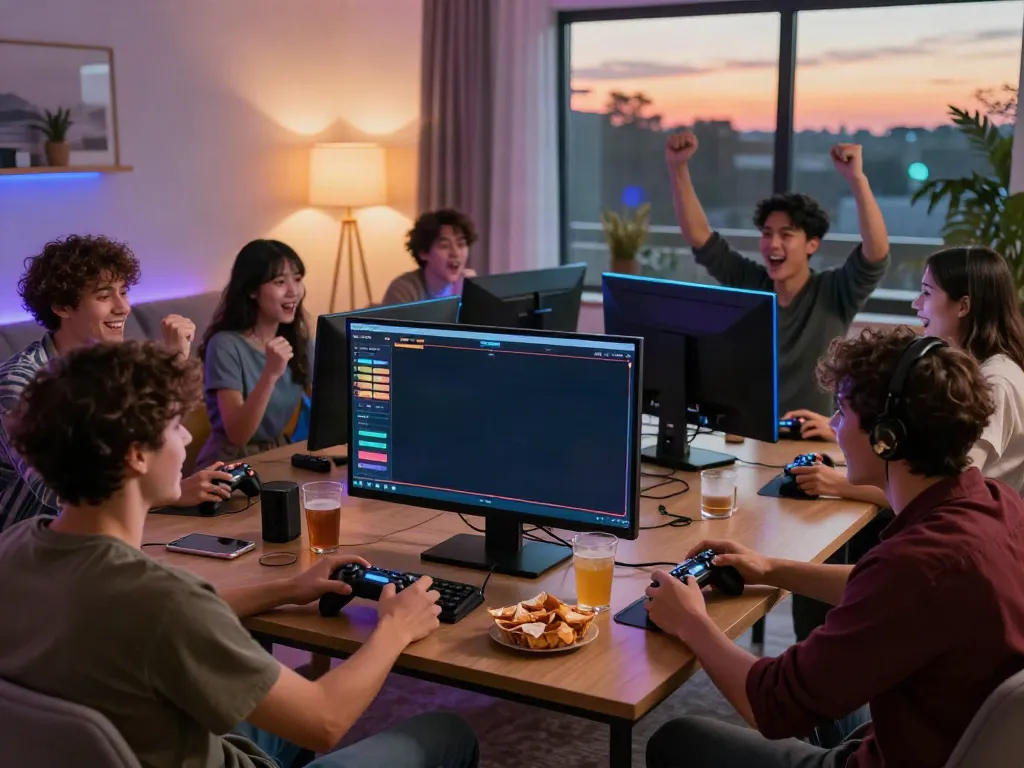 Akunjp gaming scene with friends enjoying online slot games in a cozy living room.