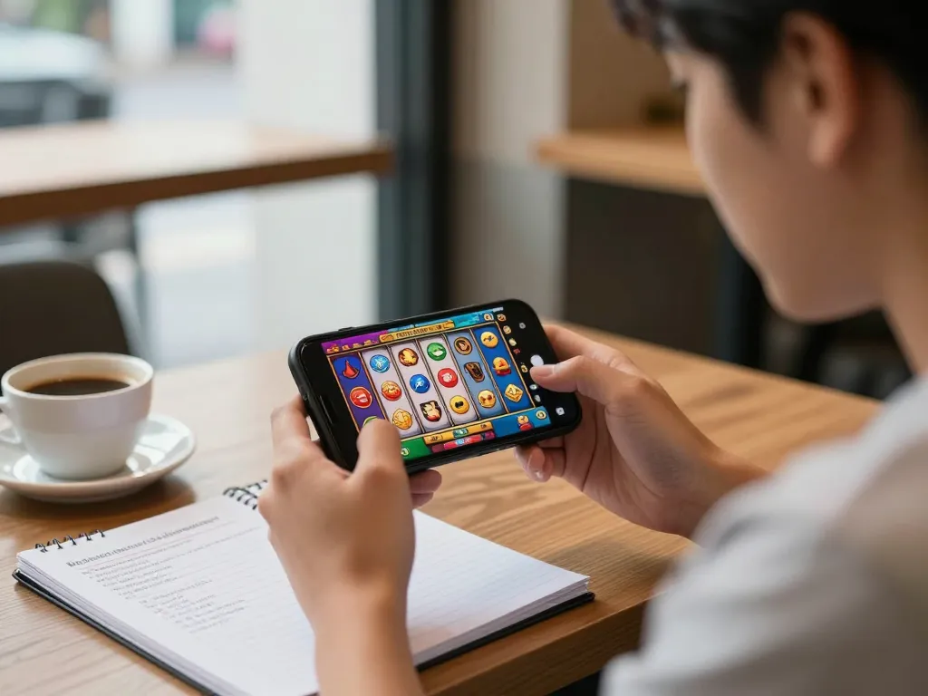 Engaged player enjoying an online slot malaysia game on their smartphone in a cozy café