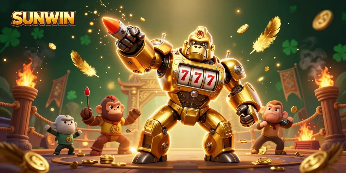 SUNWIN unleashes a golden gorilla mech amid swirling coins and vibrant gaming elements, elevating the casino experience.
