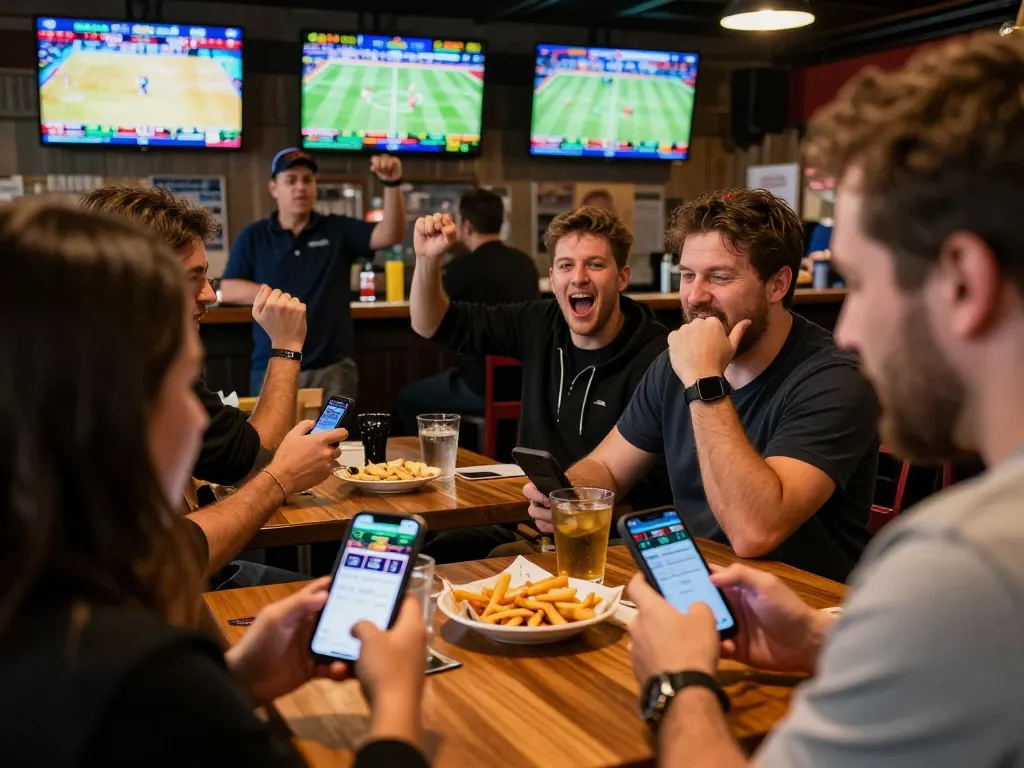 Excited bettors analyzing betting odds on mm88 app in a lively sports bar setting.