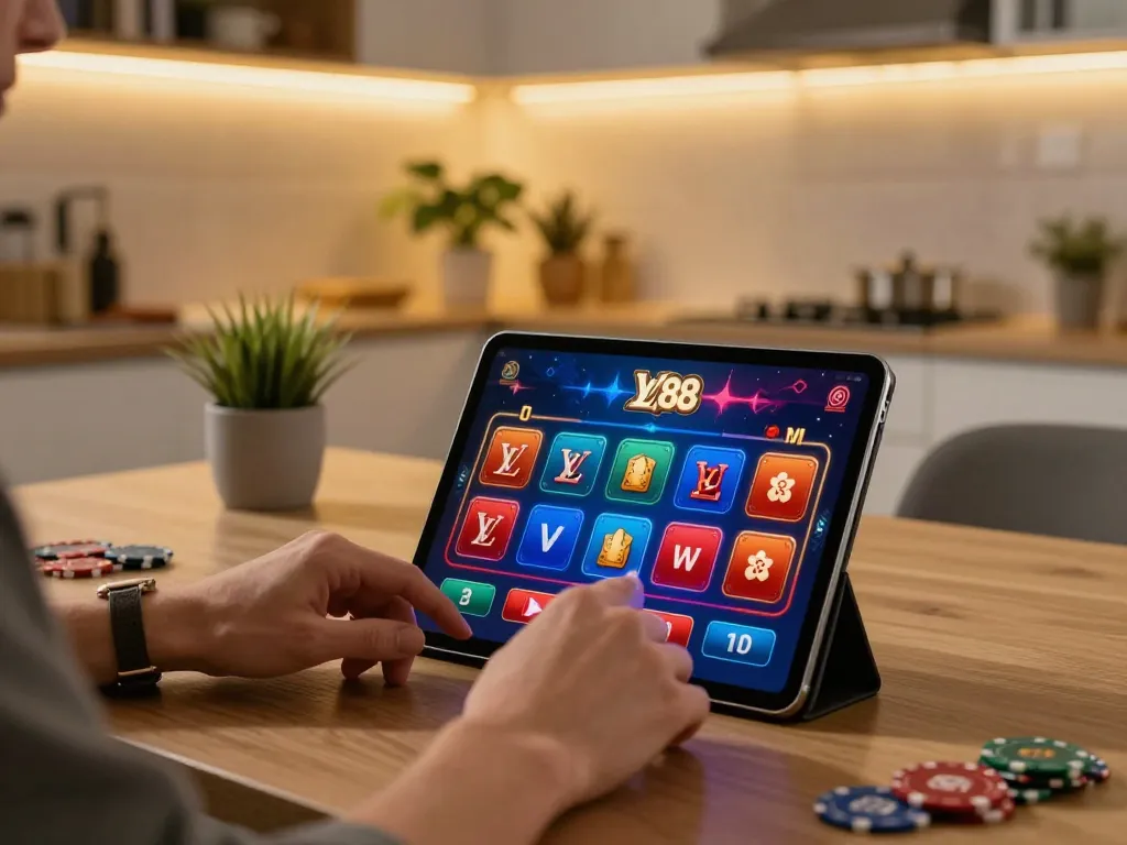 Player placing a bet using the LV88 casino app on a tablet in a cozy home setting
