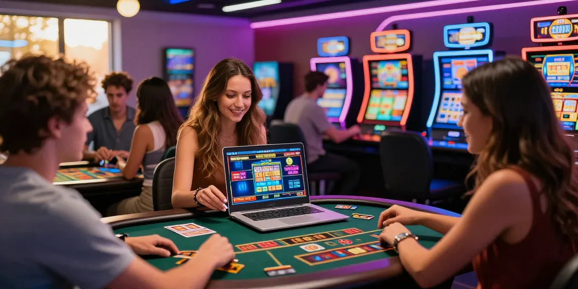 Engaging scene of players at scoarch.org.uk credit card casinos, showcasing lively gaming with laptops and bright machines.