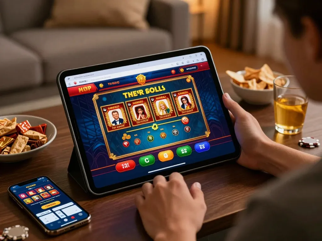 Engaging home gaming scene with ta88 casino app displayed on tablet, suggesting strategic play and relaxed atmosphere