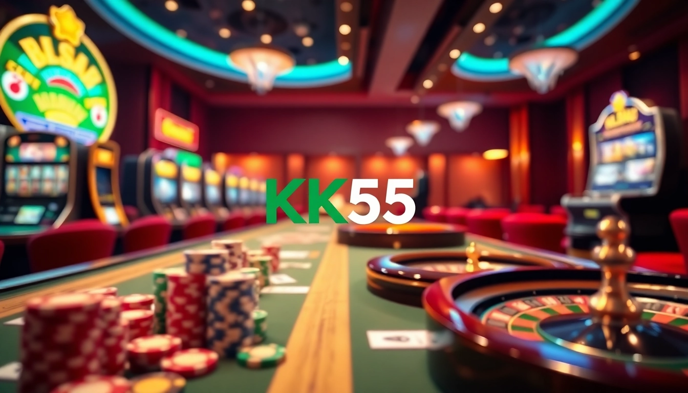 Exciting online gambling scene featuring nhà cái KK55 with poker chips and slot machines.