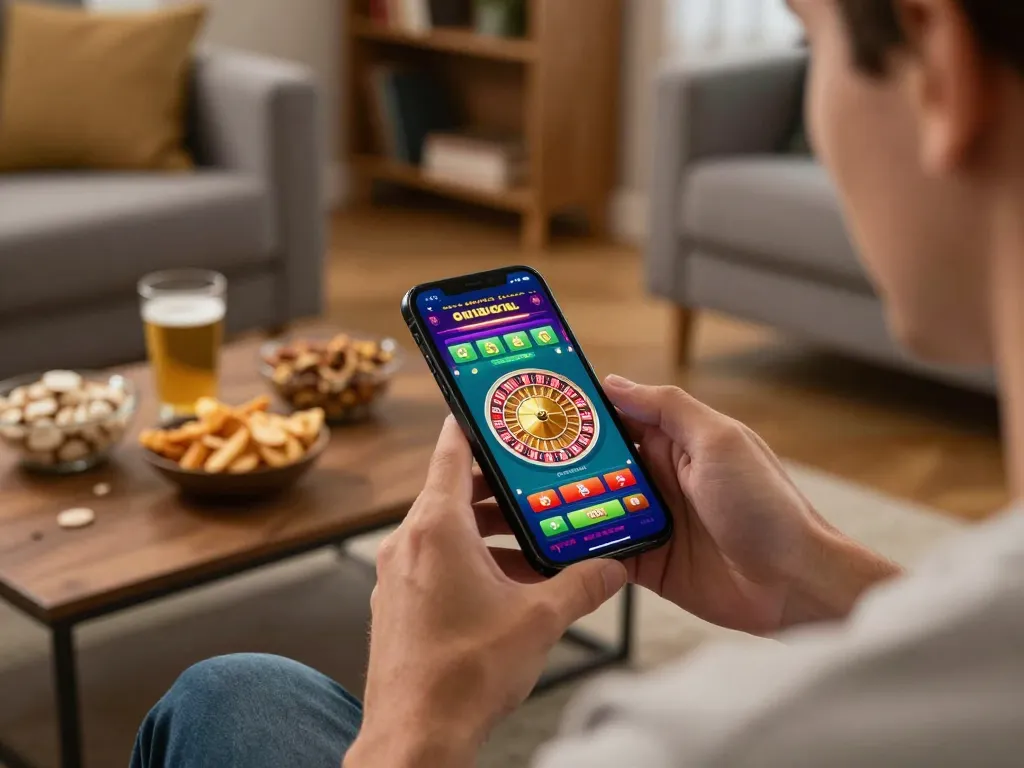 Player using the lc88 mobile app for an exciting online roulette game in a cozy living room