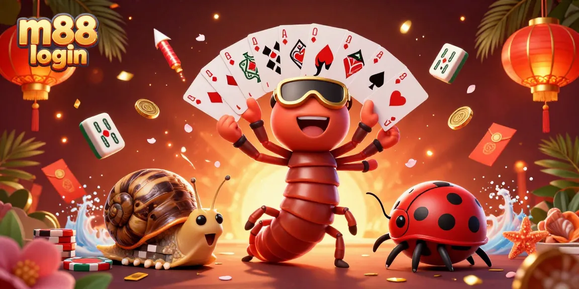 Engage with the vibrant m88 login scene showcasing playful characters and casino excitement.