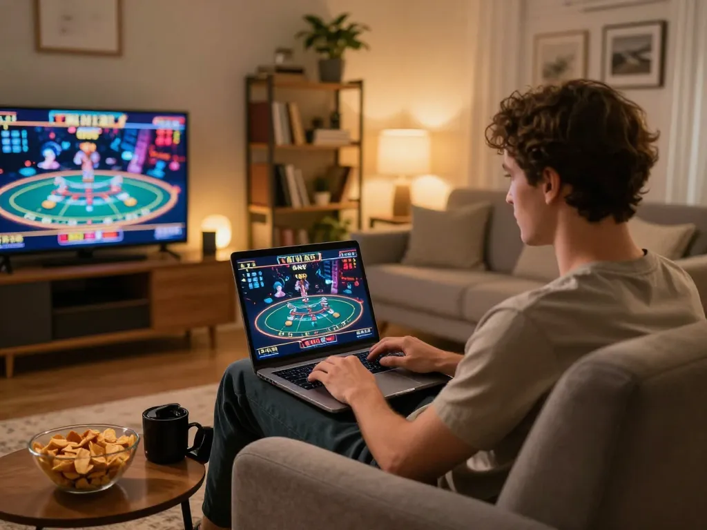 Person using keonhacai1 on a laptop during a cozy home gaming night with live casino.