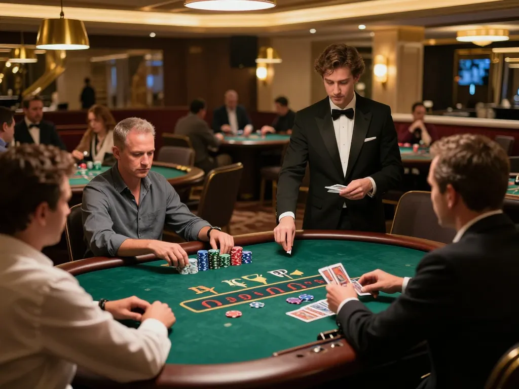 68win blackjack players making strategic moves at an upscale casino table, bright illuminated atmosphere.
