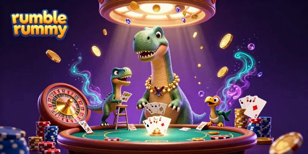 Engaging gameplay scene of rumble rummy with whimsical characters and dynamic casino elements.