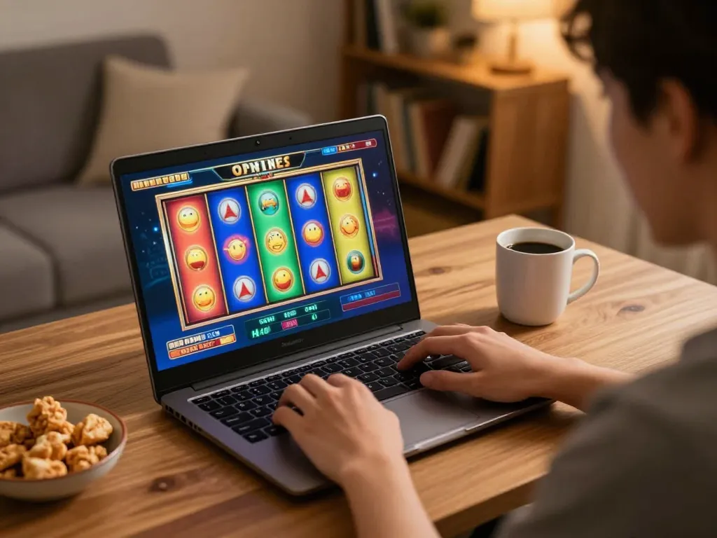 Player enjoying slot online gaming on a laptop, vibrant reels displayed on screen in a cozy home.