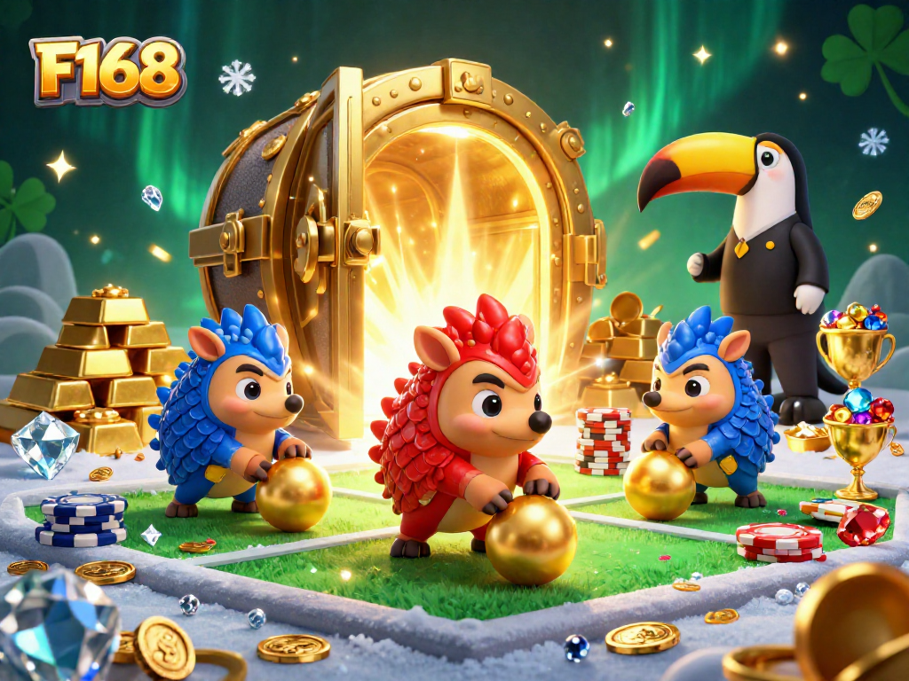 F168 casino scene featuring rival pangolins bowling through poker chips in a vibrant treasure setting