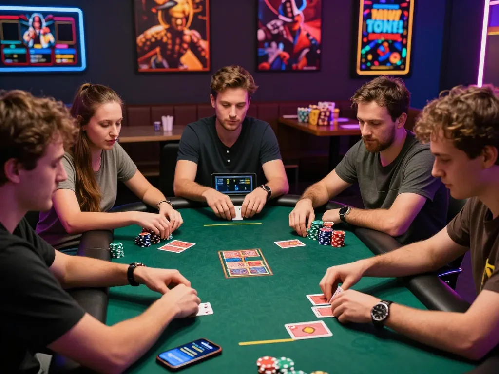 A group of friends enjoying a game session on the Sunwin app, showcasing the excitement of tải sunwin in a lively and modern gambling setting.