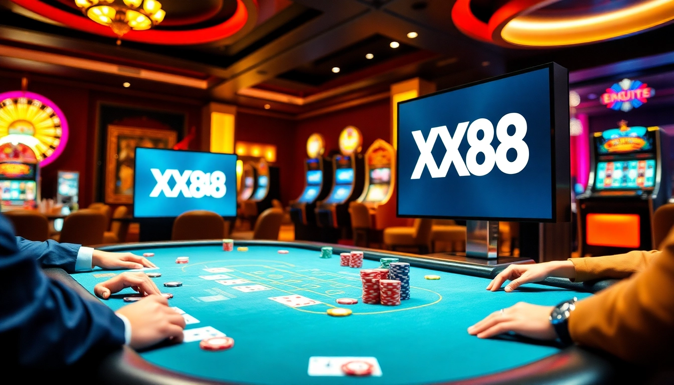 Gambling scene with vibrant casino elements featuring XX88.vin logo, capturing excitement.
