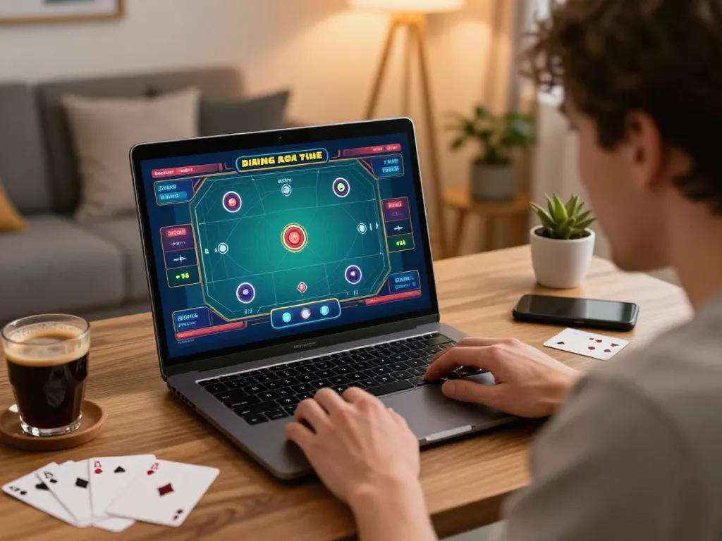 Engaging online poker gameplay on laptop showcasing tg88 strategies in a cozy home setting.