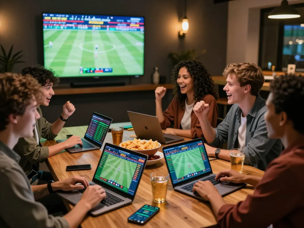 Friends intensely placing sports bets using a debet app while enjoying a live game at home.
