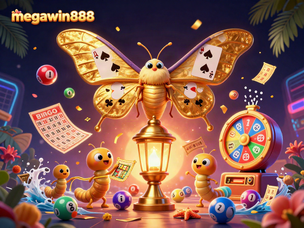 Megawin888 menciptakan suasana kasino dengan kupu-kupu 3D dan bola lotere berwarna-warni.