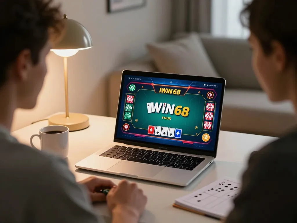 IWIN68 player engaged in online poker gaming at home, cozy atmosphere with strategy notes.