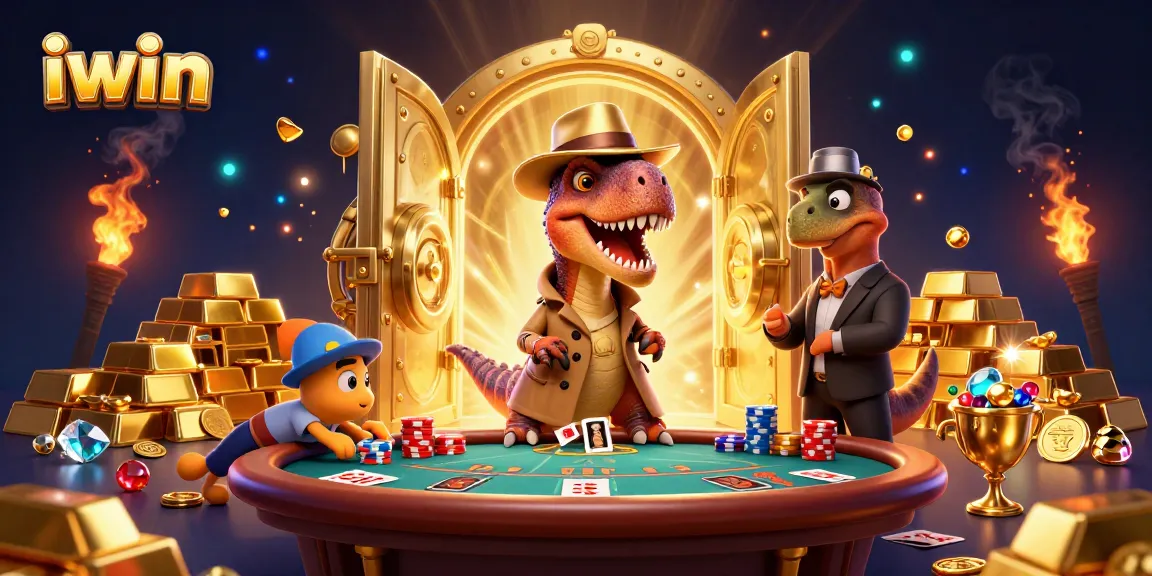 iwin velociraptor card counter at blackjack table with gold treasures and dynamic casino elements
