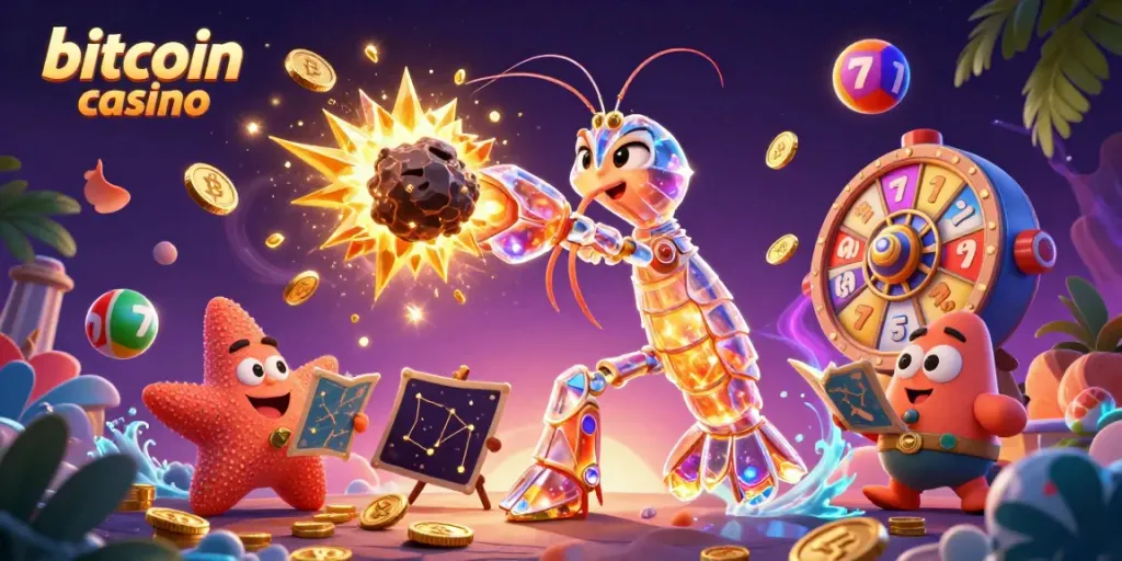Experience the excitement of the bitcoin casino with a vibrant scene of dynamic gaming characters and elements.