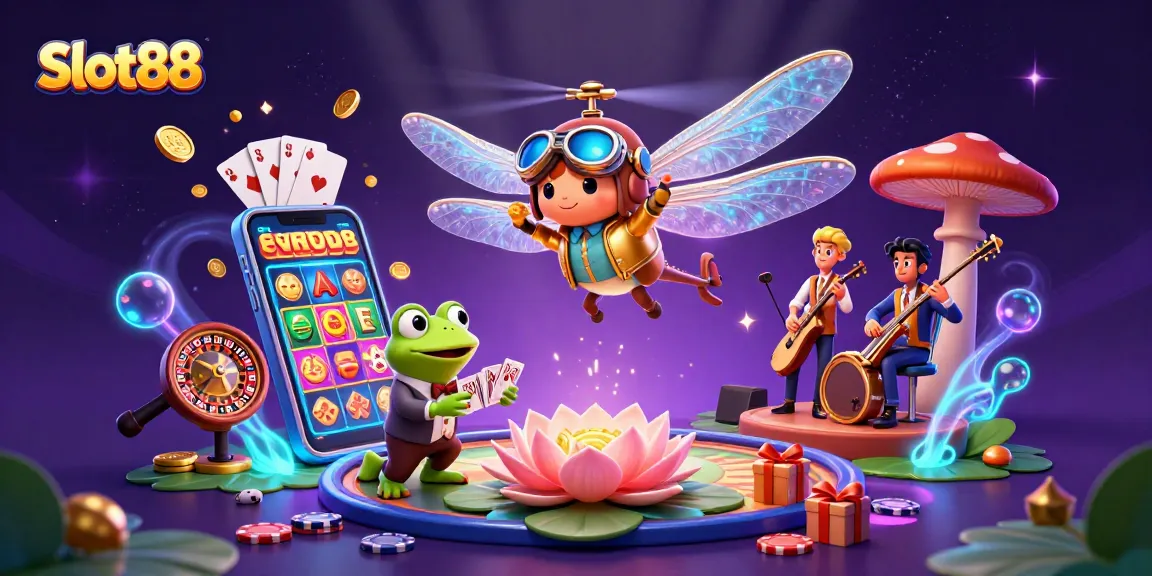 Spin to win with Slot88, featuring a dragonfly pilot and a frog croupier in this vibrant casino scene.
