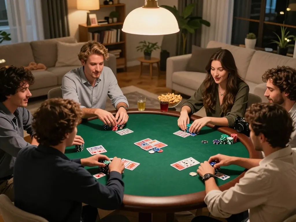 Bongdalu engages users with an exciting home poker game night, featuring friends and vibrant gameplay.
