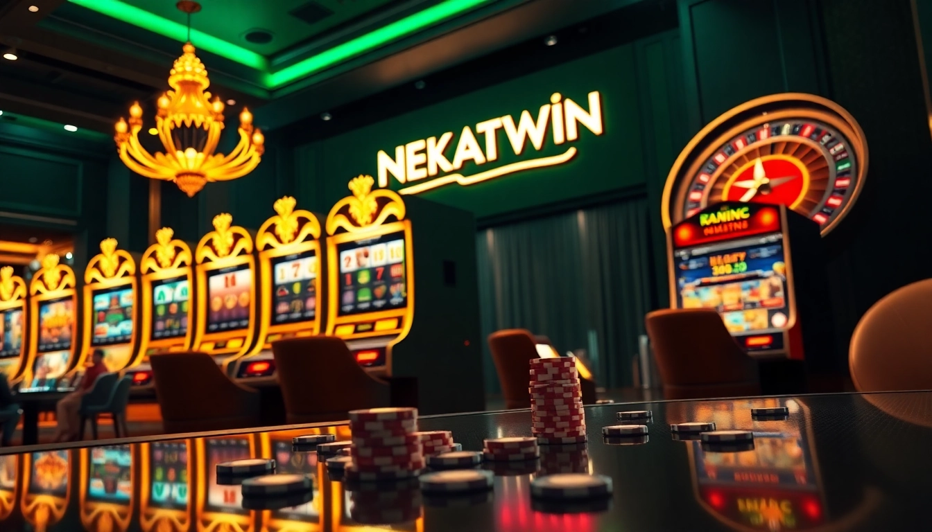 Engage with NEKATWIN online slots at a luxurious casino with vibrant gaming elements.