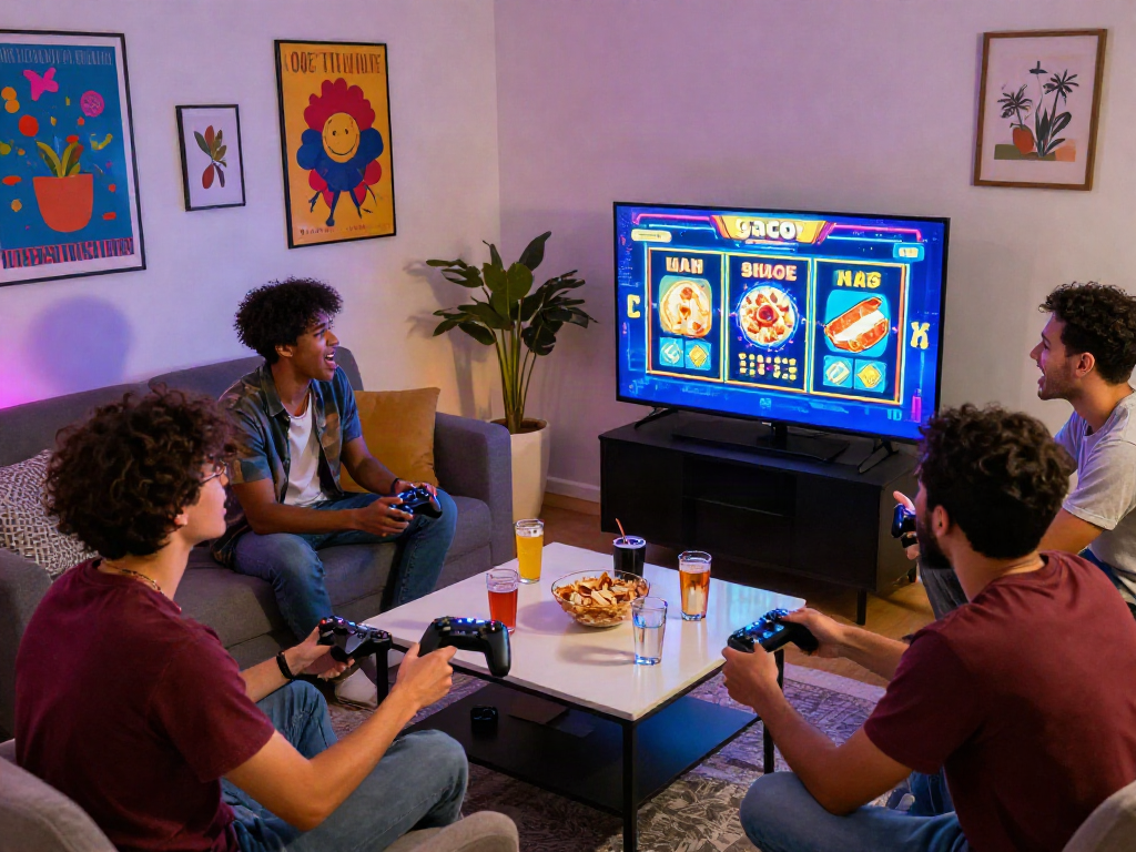 Friends enjoying a slot gacor gaming night in a vibrant living room atmosphere.