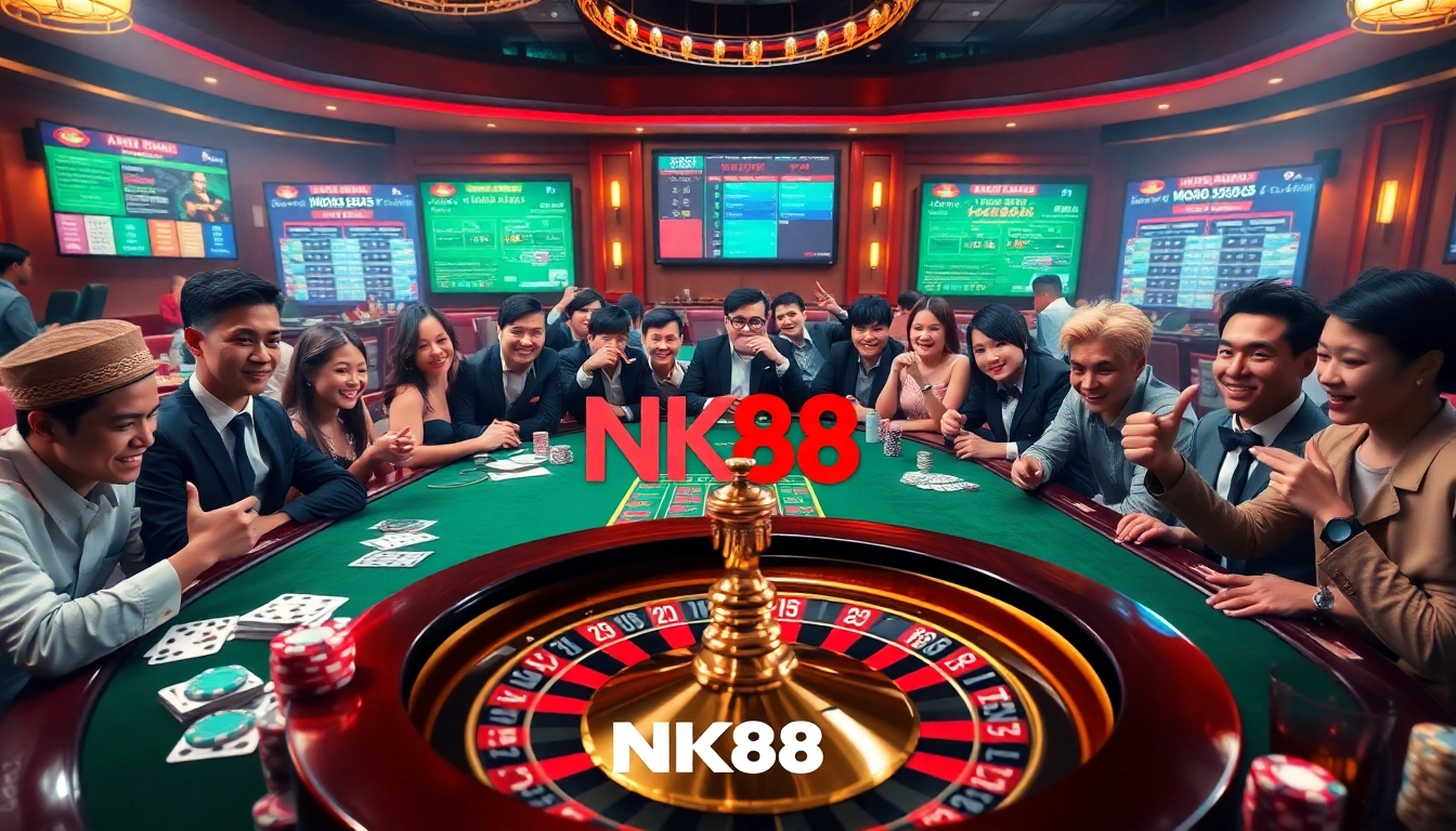Engage with thrilling games at https://nk88s.com/ featuring poker chips and a roulette wheel in action.