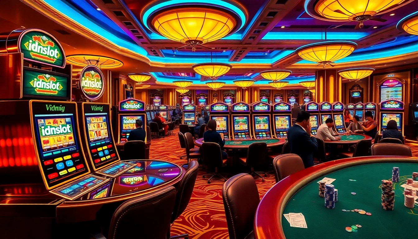Experience the thrill of idnslot with vibrant slot machines and engaging gamblers in a luxurious casino setting.