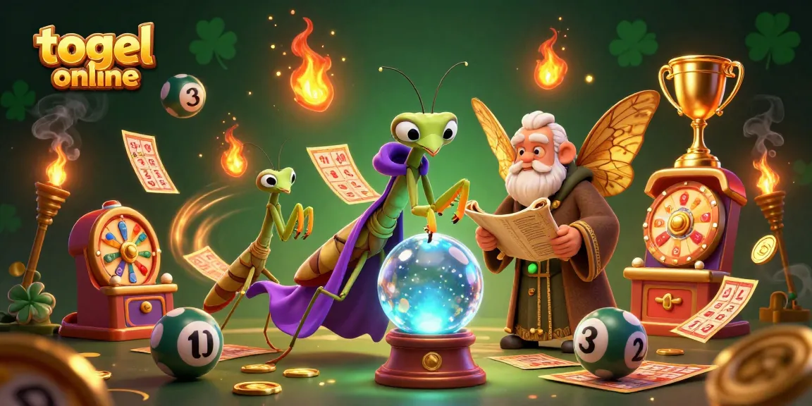 Engage with togel online through vibrant 3D illustration of fortune teller, library moth, and dynamic lottery elements.