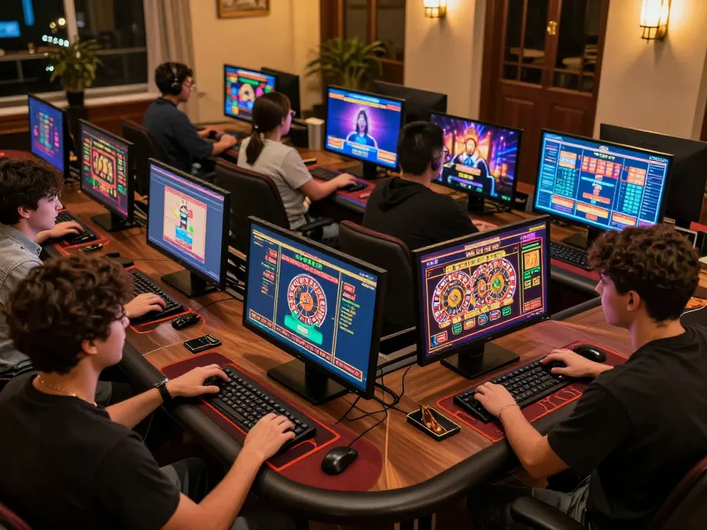 View of players engaging with various casino games on o8 platform in a cozy home environment.