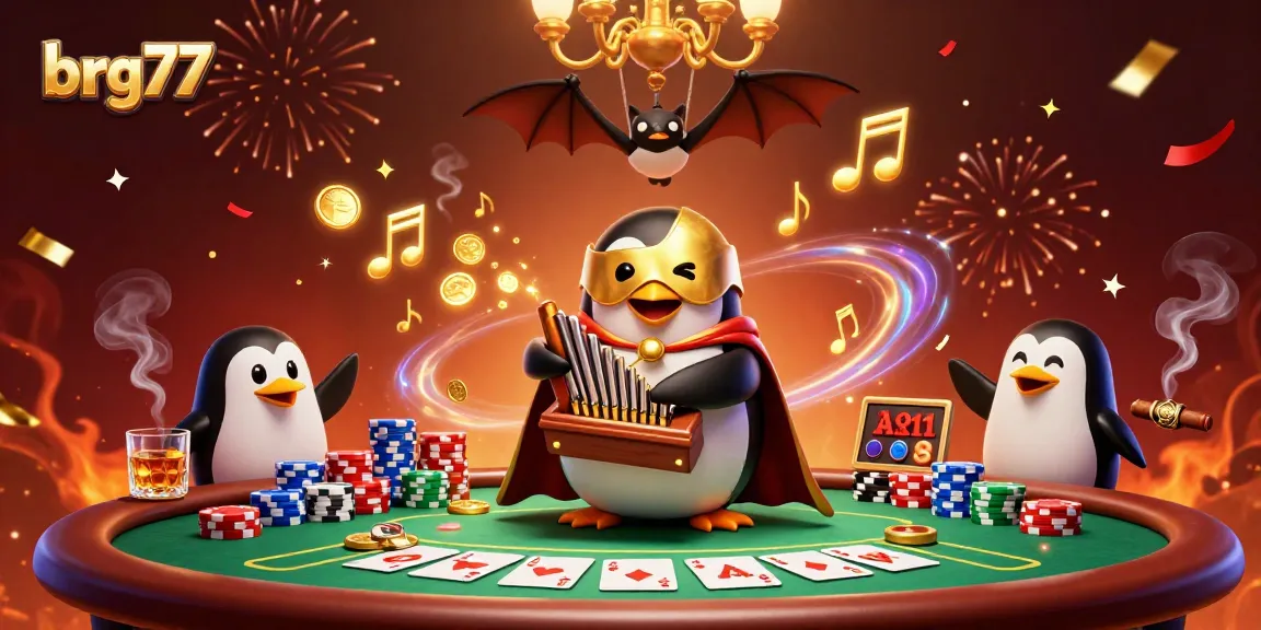 Experience the excitement of brg77 with a vibrant casino scene featuring playful characters and dynamic poker elements.