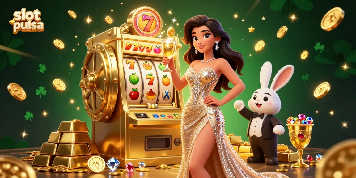 Experience thrilling slot pulsa gaming with a glamorous woman and jackpot machine bursting with coins.