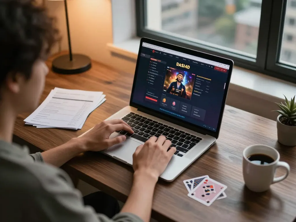 Pengaturan link alternatif DASI4D dengan pengguna bermain di laptop, menunjukkan pengalaman perjudian online yang imersif.