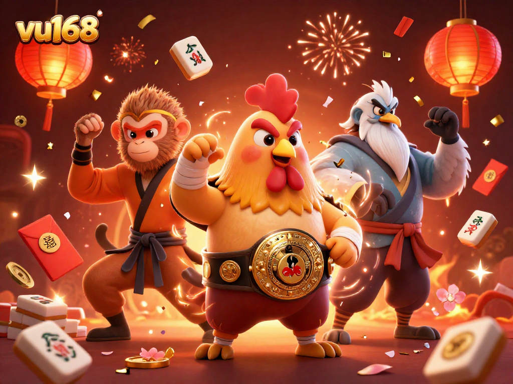 Experience the vibrant gaming world of vu168 with action-packed characters and dynamic casino elements.